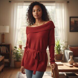 Red Off Shoulder Sparkle Cowl Neck Sweater, ByLine lady's pullover, size large,